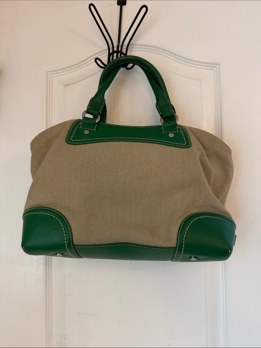 Cole Haan Beige Canvas Tote with Green Leather Trim - Picture 3 of 13